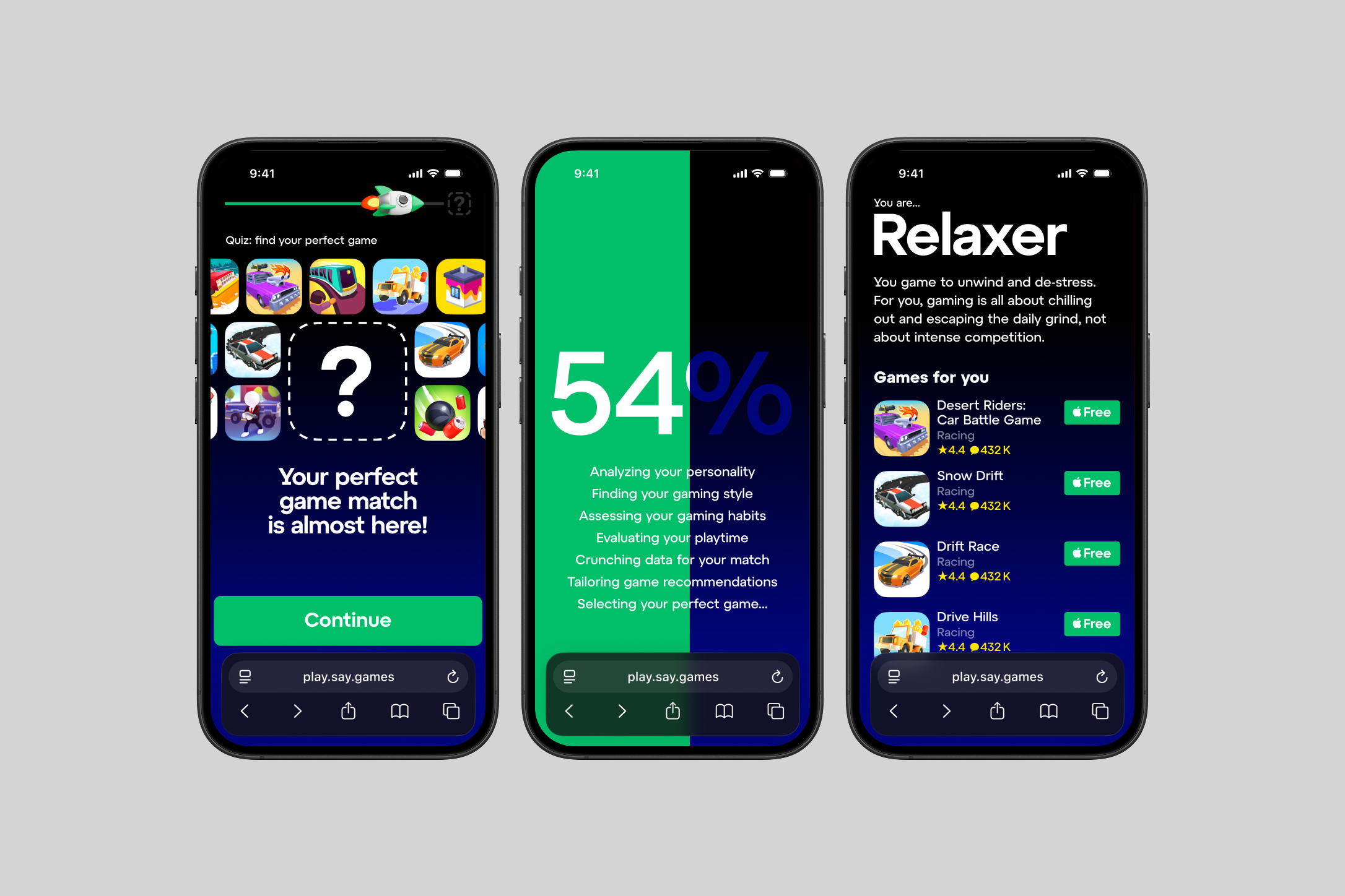 Экраны подбора игры, анализа и результата квиза SayGames