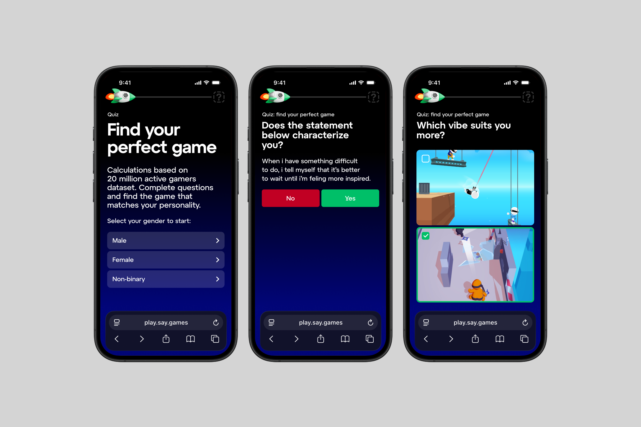 Экраны выбора пола, вопроса да или нет и выбора игры в квизе SayGames